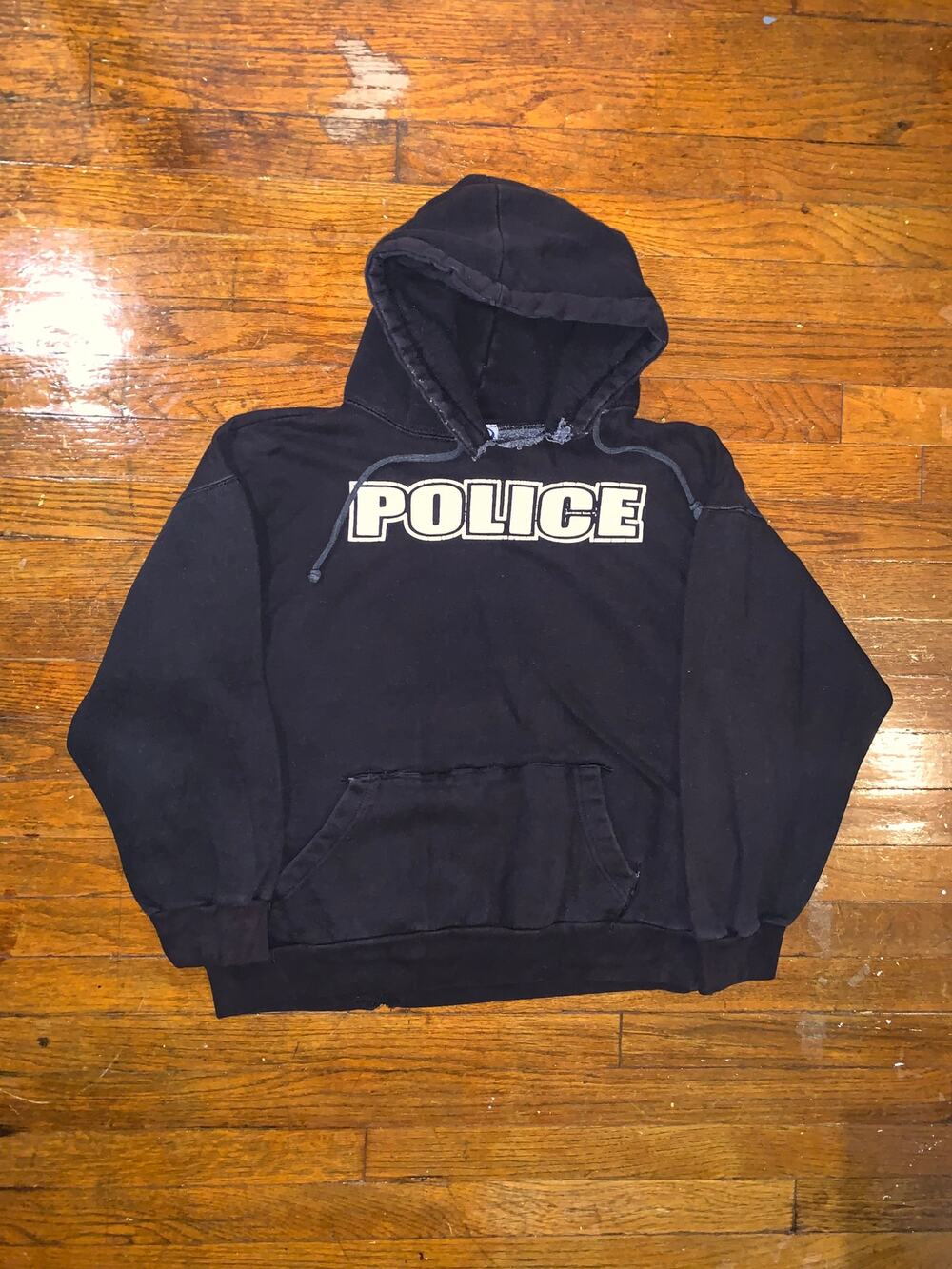 Vintage Y2K Police Hoodie Large Black Faded Cut Neck Boxy Cropped Streetwear